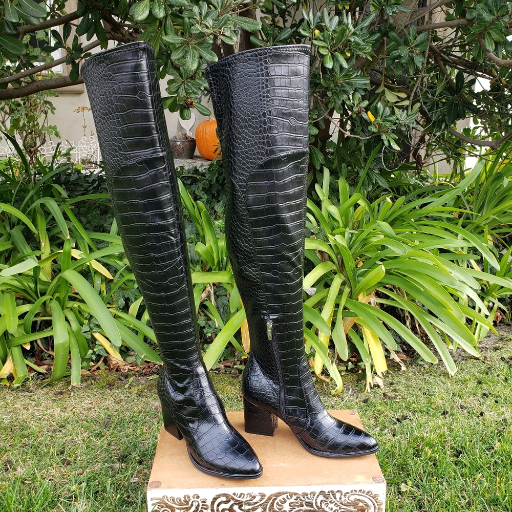 HTF Sassy Fierce Sexy Marc Fisher OTK Black Croc Embossed Boots - Picture 3 of 16